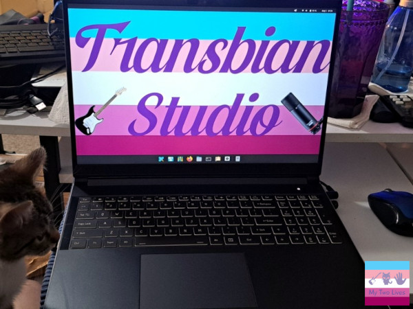 New new laptop with the logo for Transbian Studio, my home recording studio, as the wallpaper