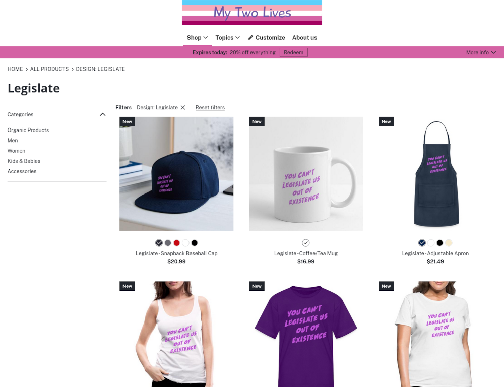 Screenshot of the Legislate products in the My Two Lives Spreashirt store.