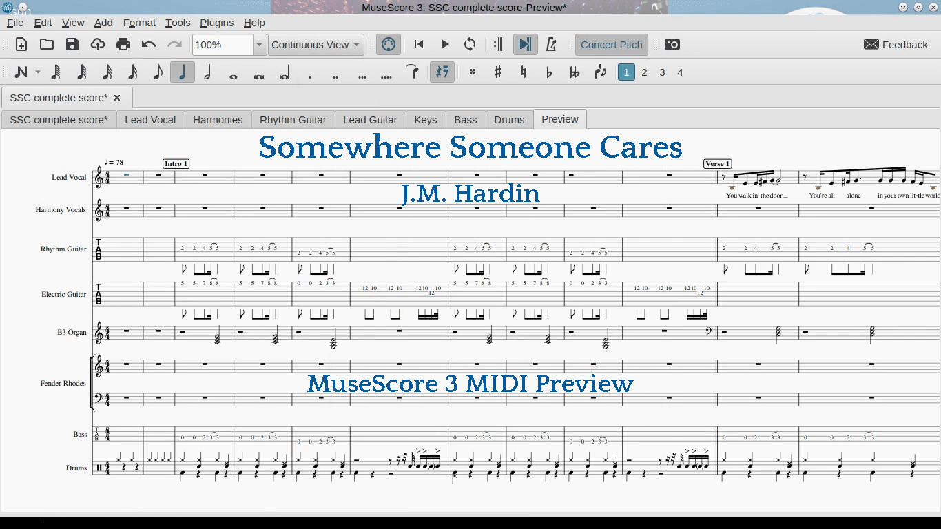 The thumbnail for a MIDI preview of "Somewhere Someone Cares"